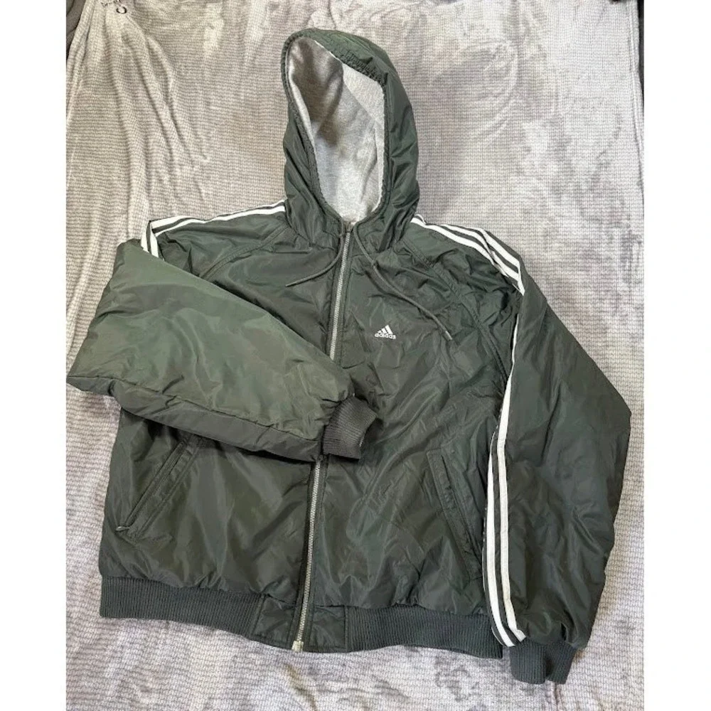 Adidas Reversible Hooded Jacket Mens L‎ Green Nylon Grey Jersey Windbreaker Y2k